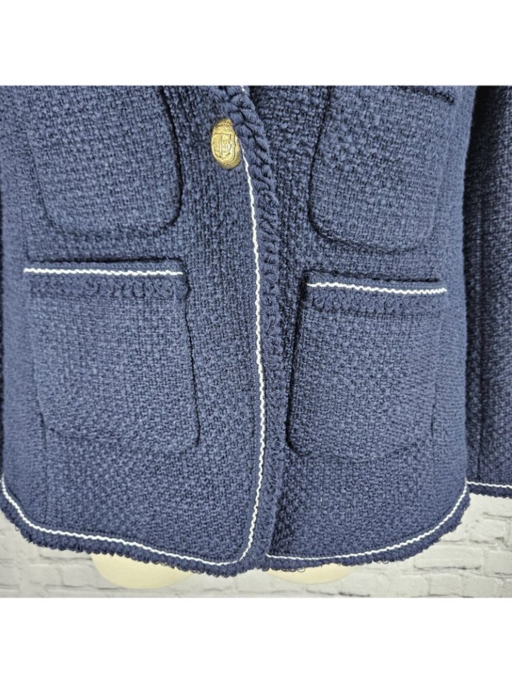 NWT Talbots Navy 100% Cotton Tweed White Stitching Gold Buttons Blazer Jacket 0P - Picture 8 of 14